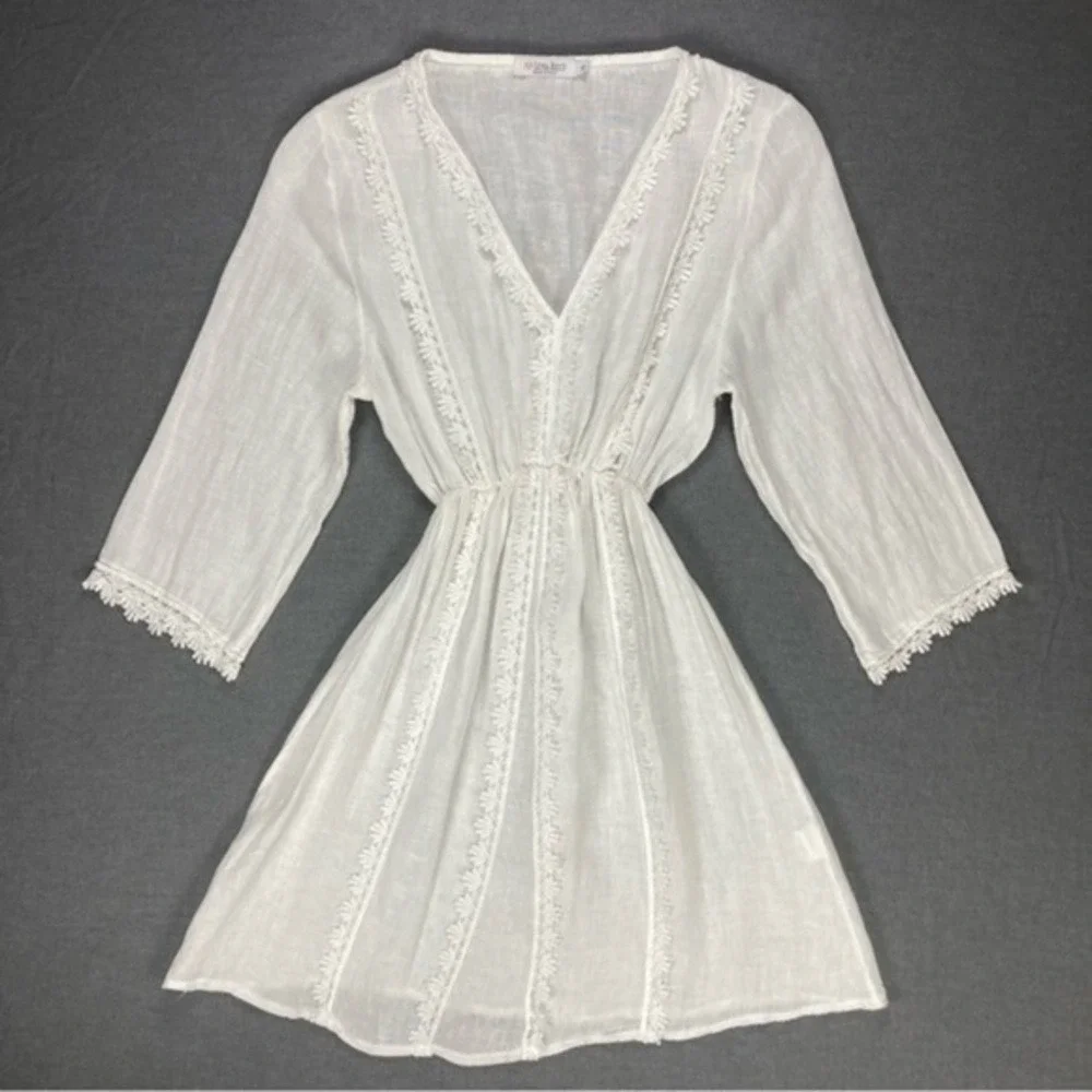 Luisa Ricci Linen Lace Tunic Beach Coverup Dress Women Medium White Cottagecore - Picture 2 of 13